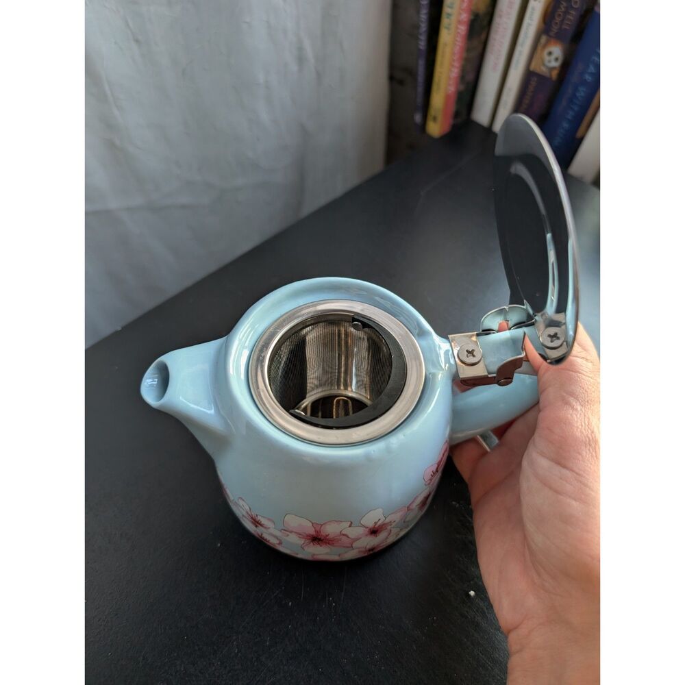 Alfred Cherry Blossom Pastel Blue Ceramic Teapot w/ Metal Steeper Infuser